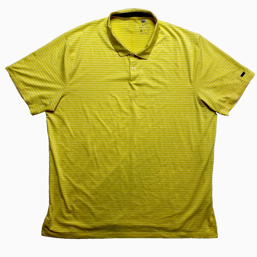 Tiger Woods Nike Polo Shirt Mens XL Yellow Short Sleeve Dri-Fit Stripe